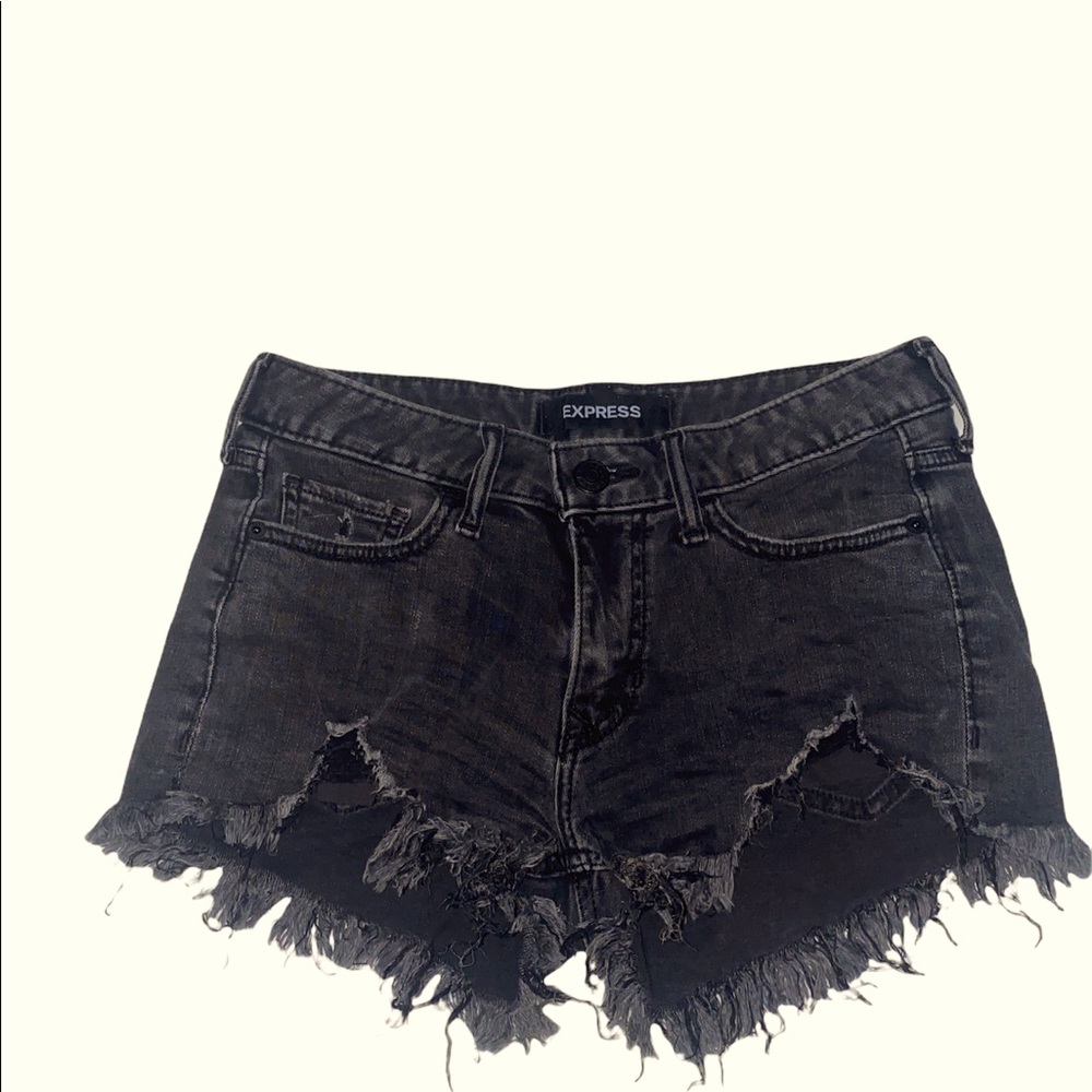 Distress frayed black denim shorts